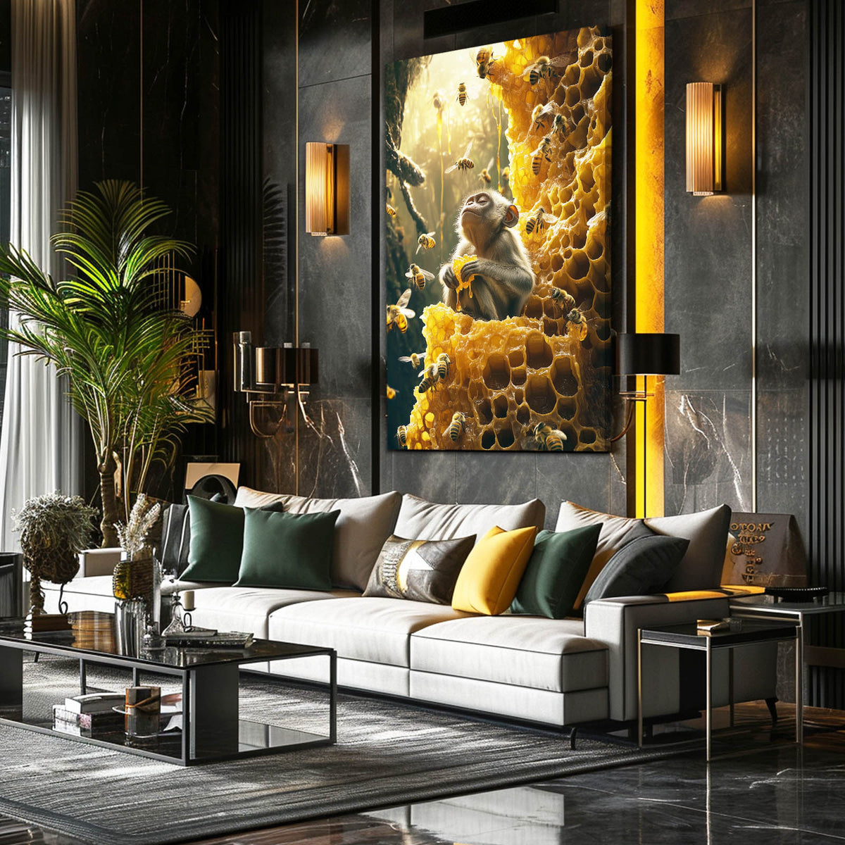 Honeycomb Bee Baby Monkey Wall Art — surrealism canvas print, styled in a furnished interior