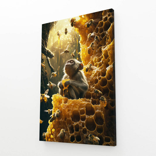 Honeycomb Bee Baby Monkey Wall Art – angled canvas view on white background
