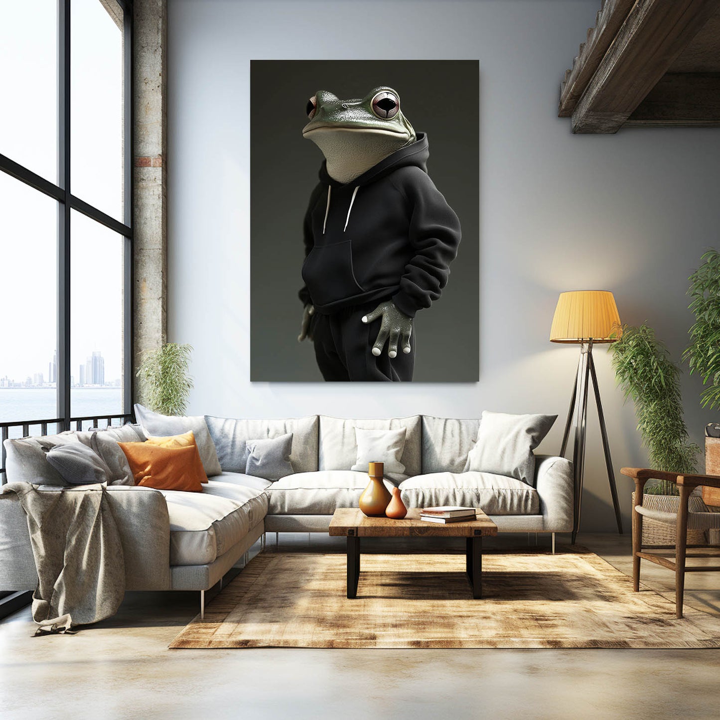 Hoodie Frog Portrait Canvas Art – styled in a furnished interior