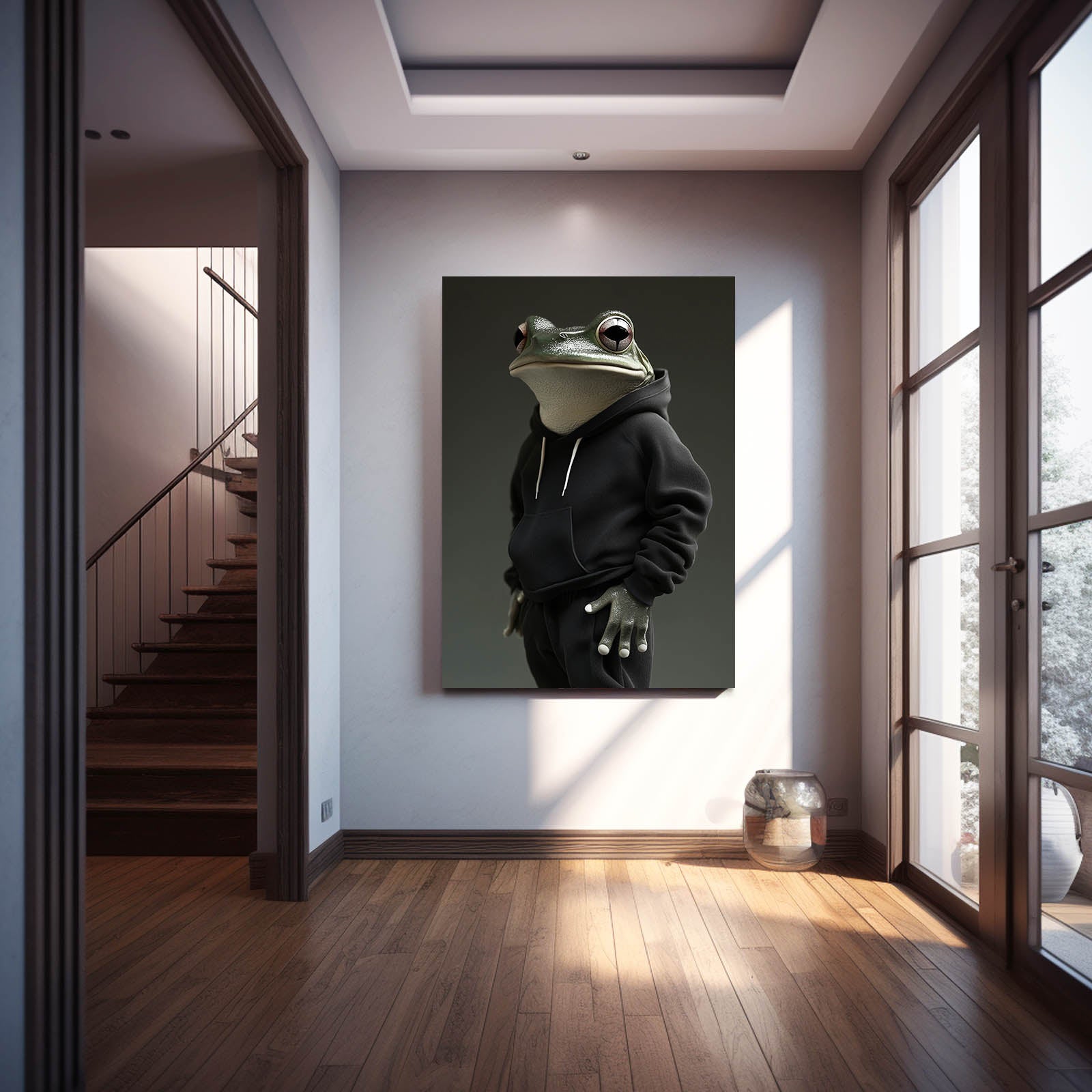 Hoodie Frog Portrait Canvas Art – styled in a furnished interior