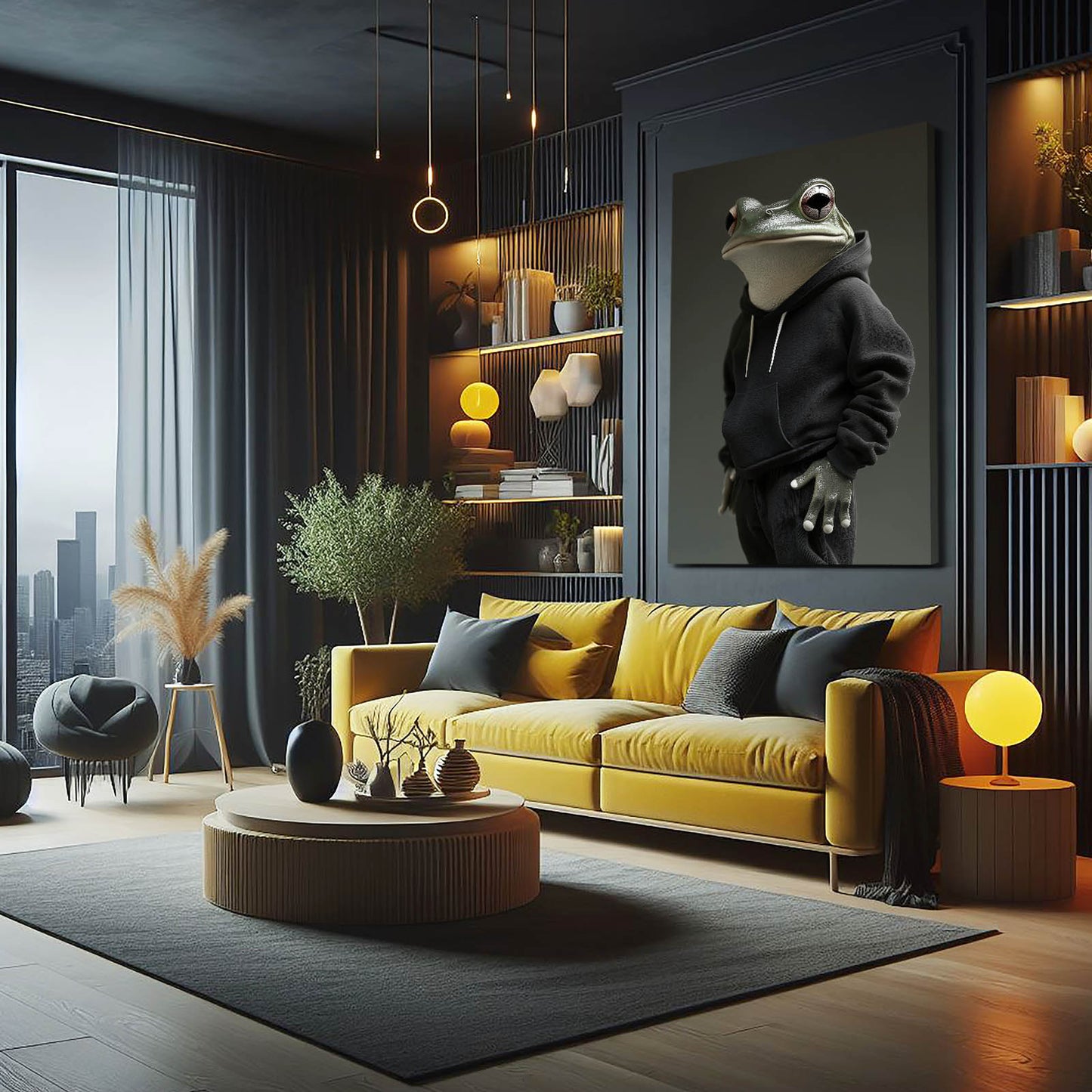 Hoodie Frog Portrait Canvas Art – styled in a furnished interior