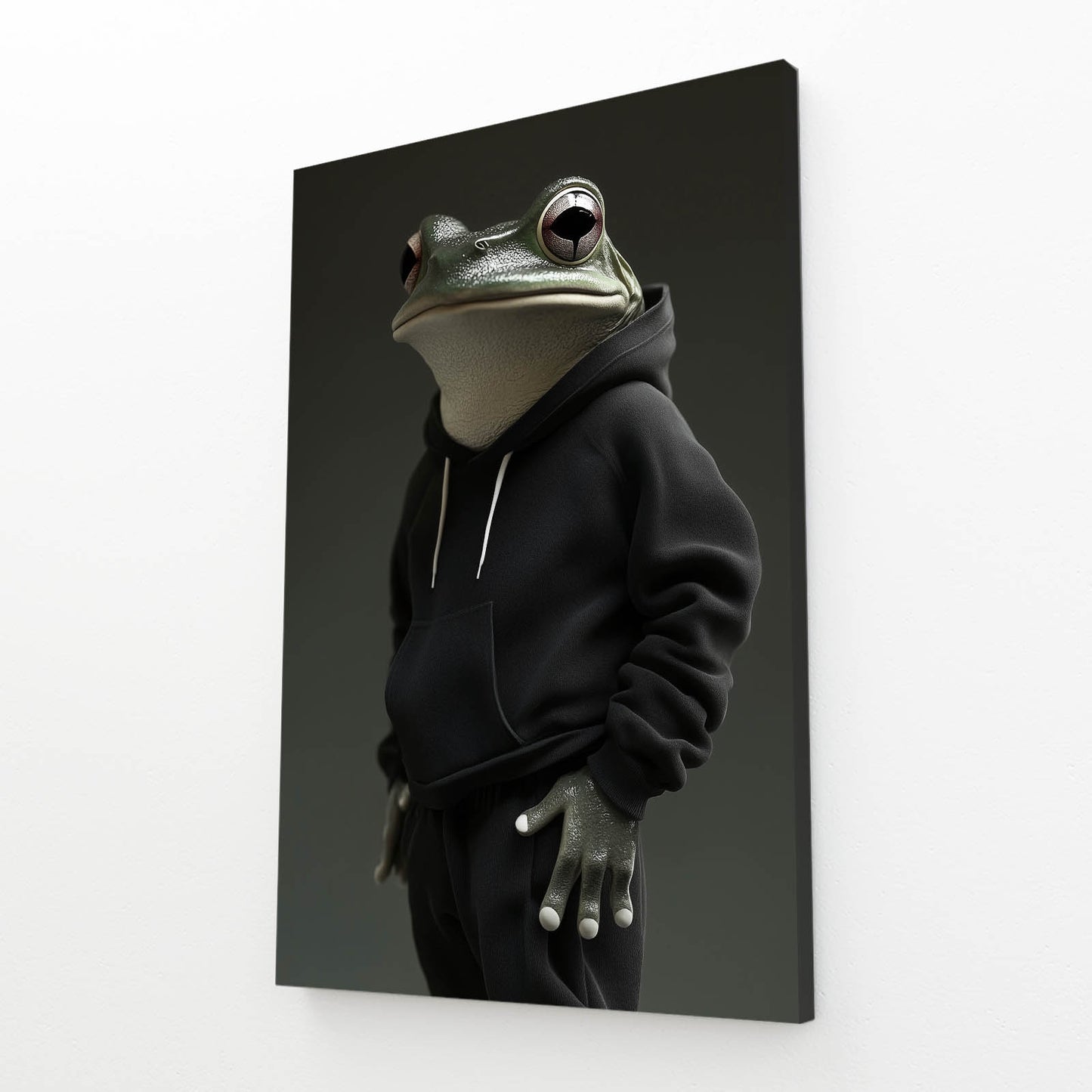 Hoodie Frog Portrait Canvas Art – angled canvas view on white background