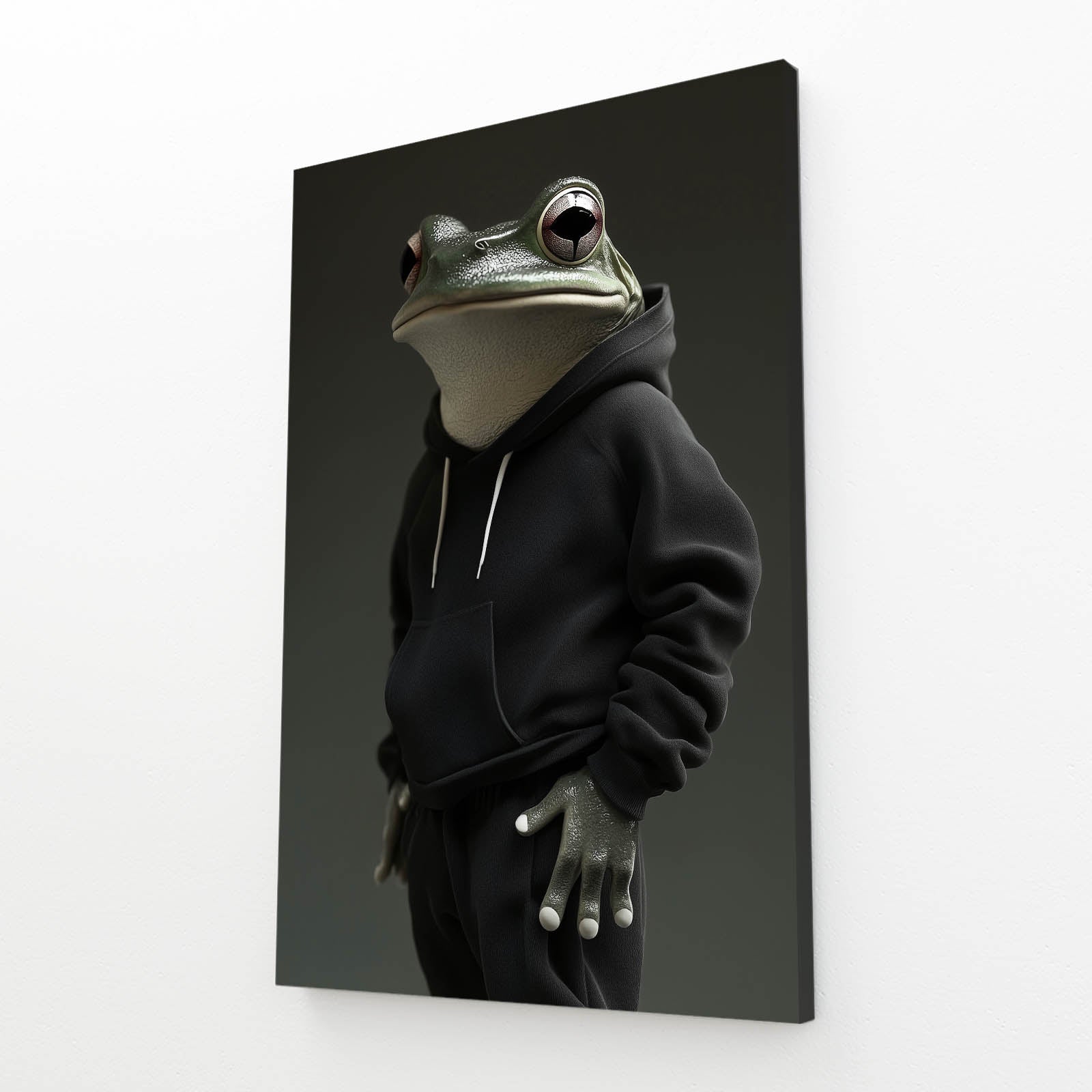 Hoodie Frog Portrait Canvas Art – angled canvas view on white background