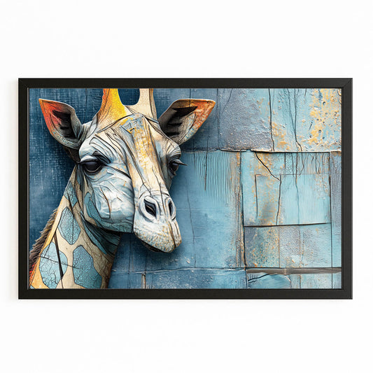 Framed artwork of a stylized giraffe with abstract design on a blue background