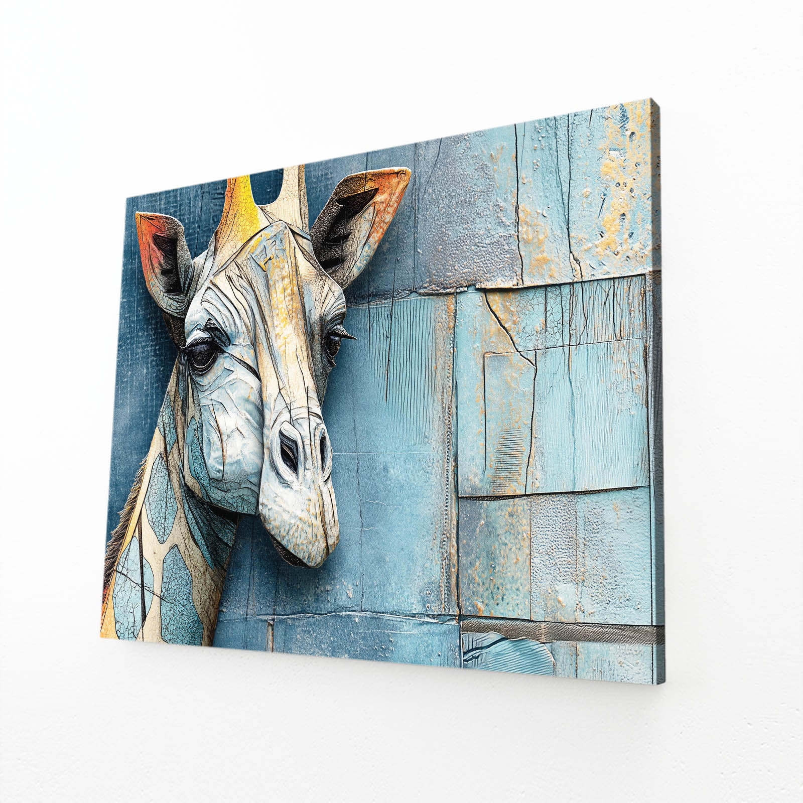 Abstract painting of a giraffe head on a textured blue background