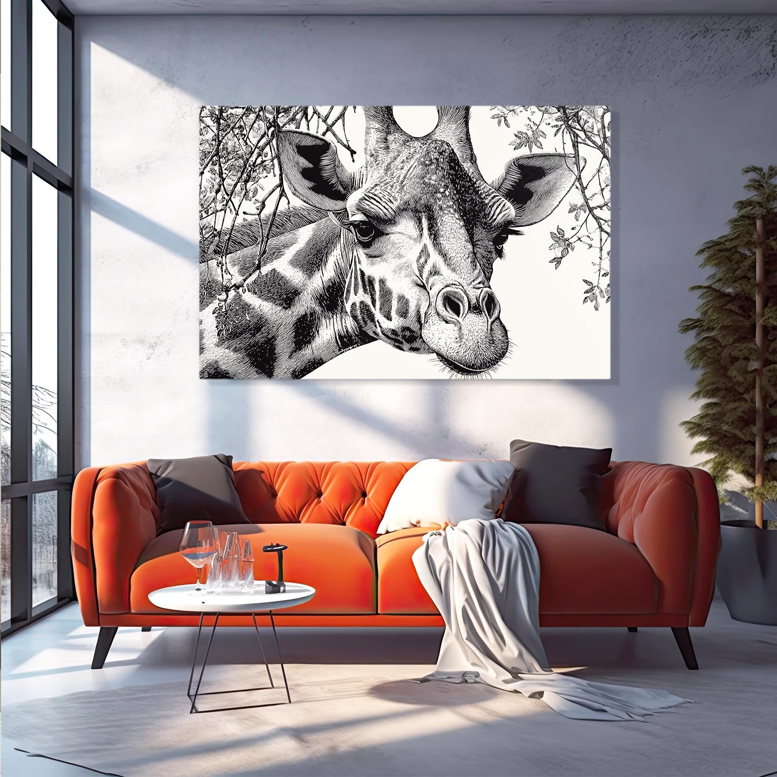 Living room with a red sofa, coffee table, and large giraffe painting on the wall.