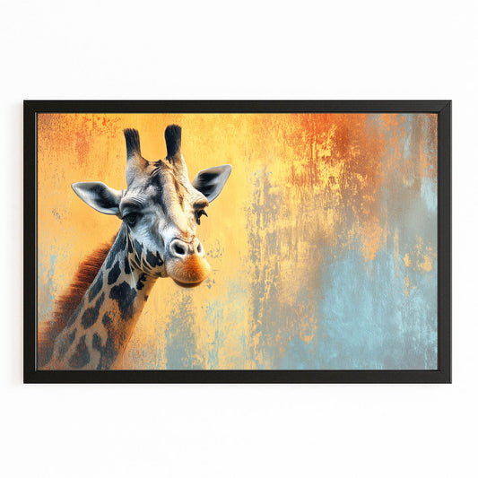 Framed artwork of a giraffe against a colorful abstract background