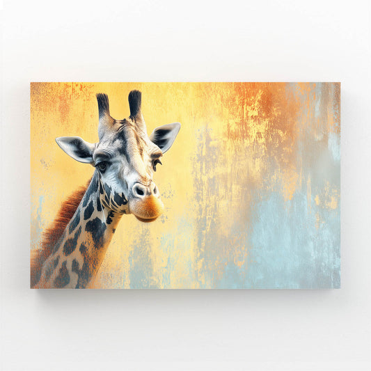 Canvas print of a giraffe against a textured yellow and blue background