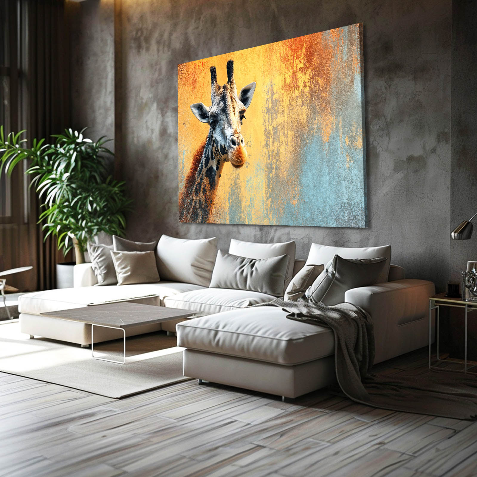 Living room with a large giraffe painting on the wall above a sofa.