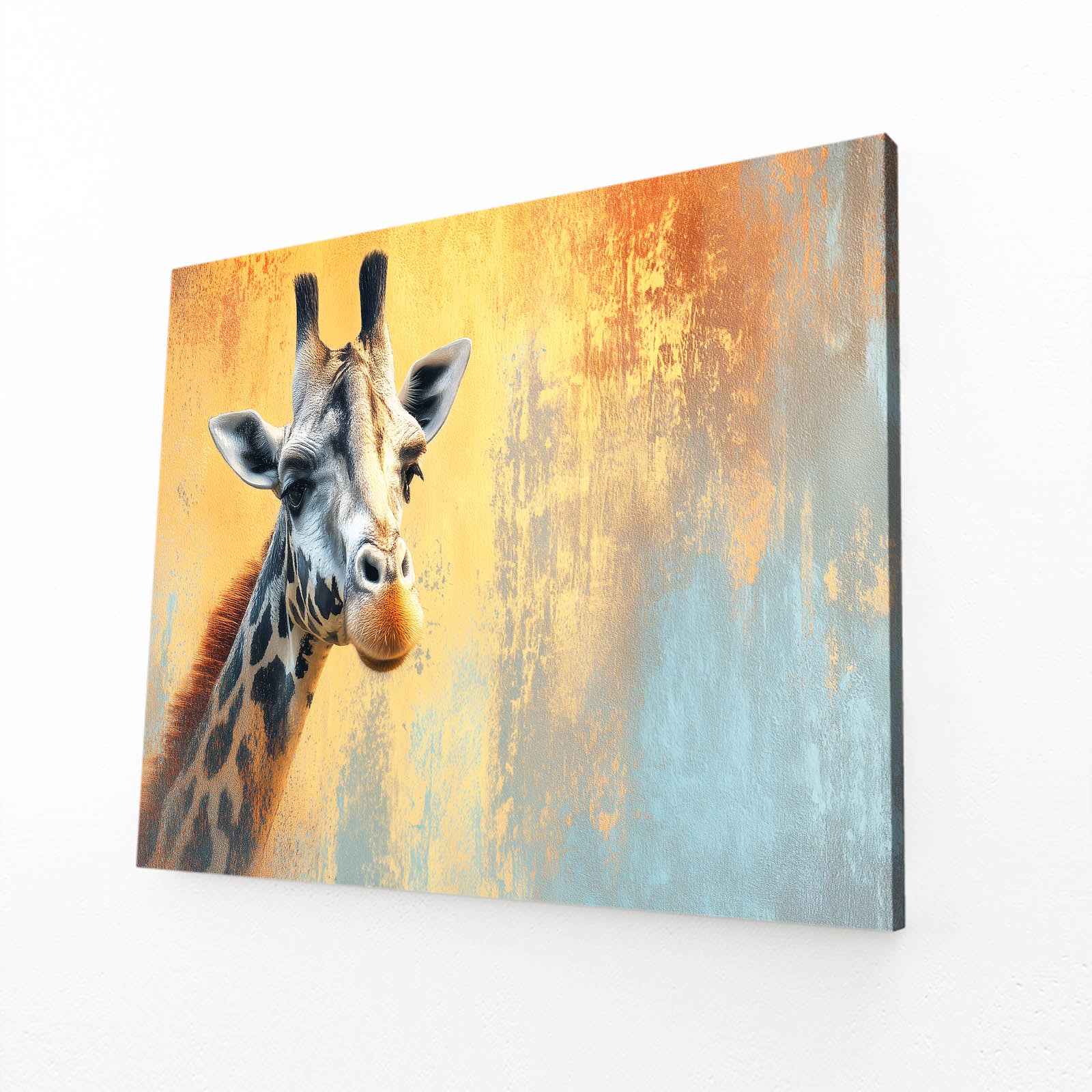 Canvas print of a giraffe against a textured orange and blue background