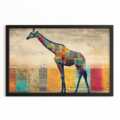 Colorful giraffe art print on a textured background