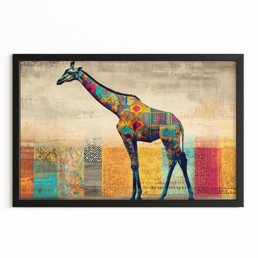 Colorful giraffe art print on a textured background