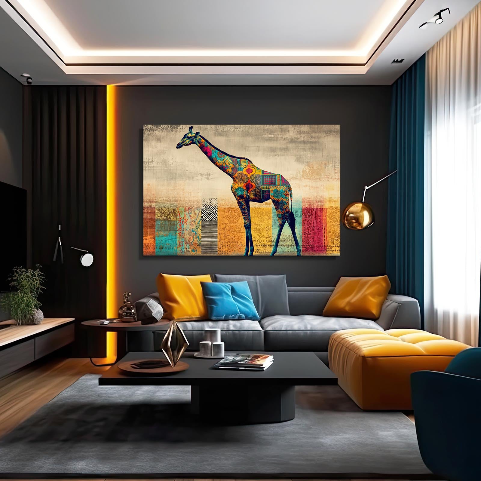 Modern living room with a colorful giraffe painting on the wall.