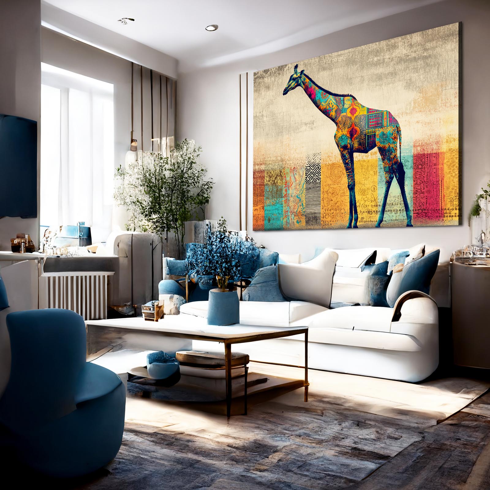Modern living room with a colorful giraffe painting on the wall