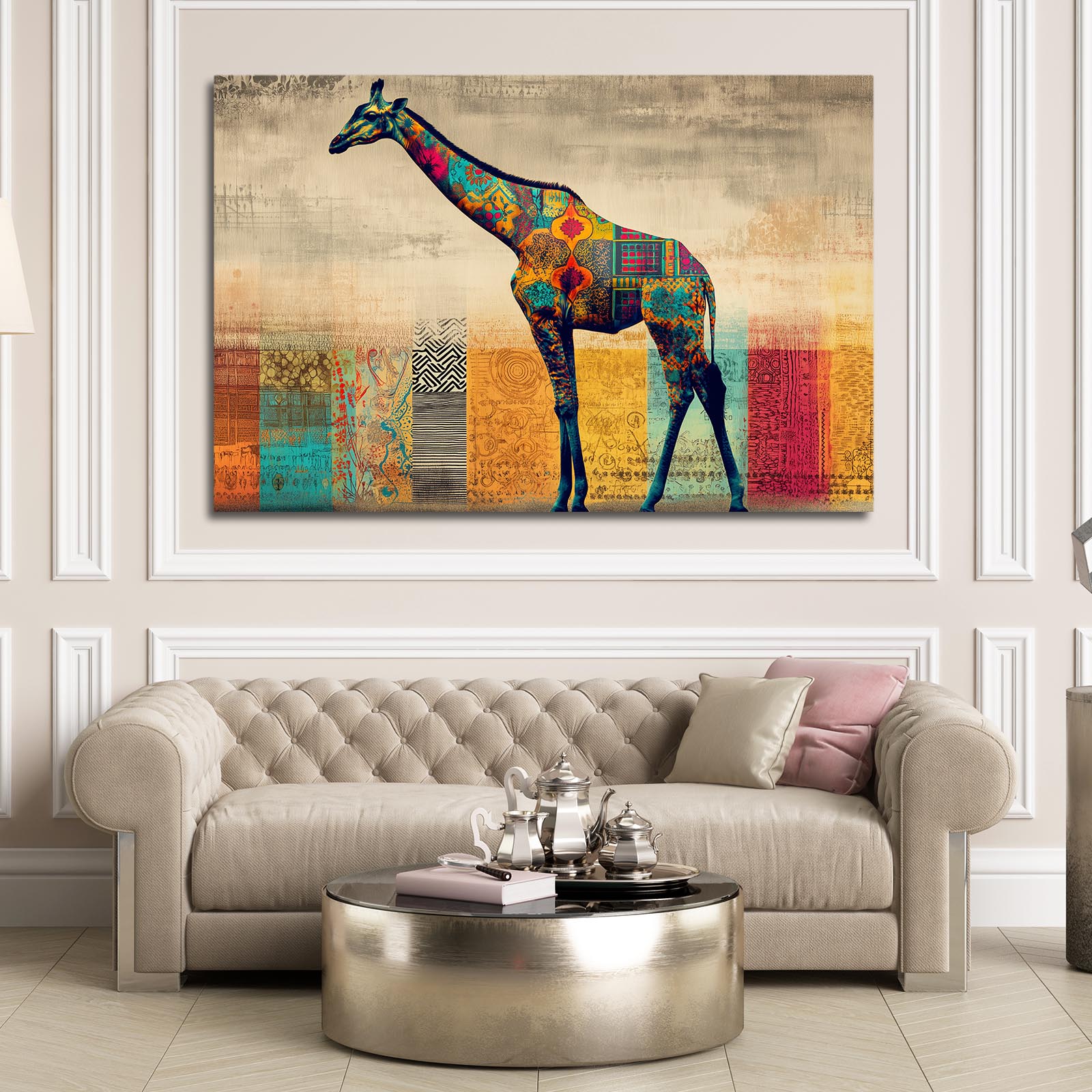 Colorful giraffe painting above a beige sofa in a living room.