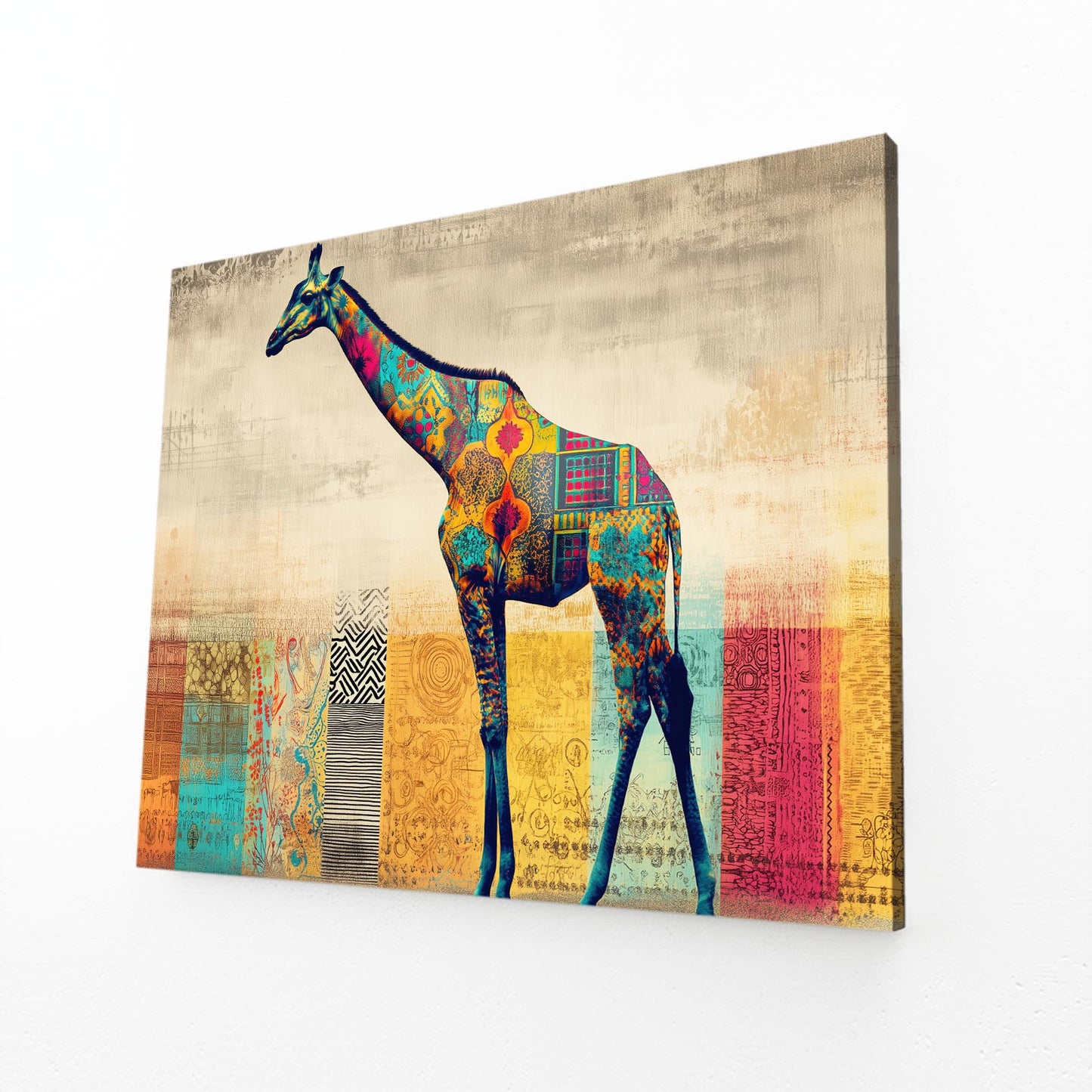 Colorful abstract giraffe painting on a textured background