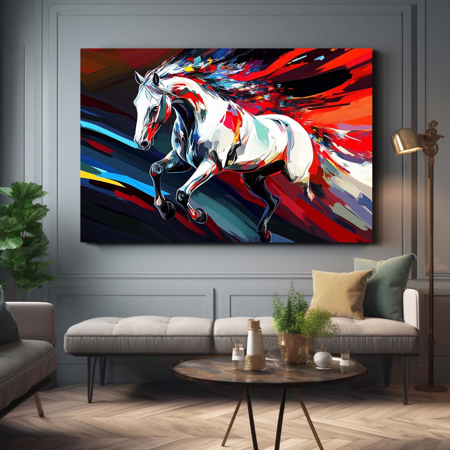 Horizontal Horse Art – angled canvas view on white background