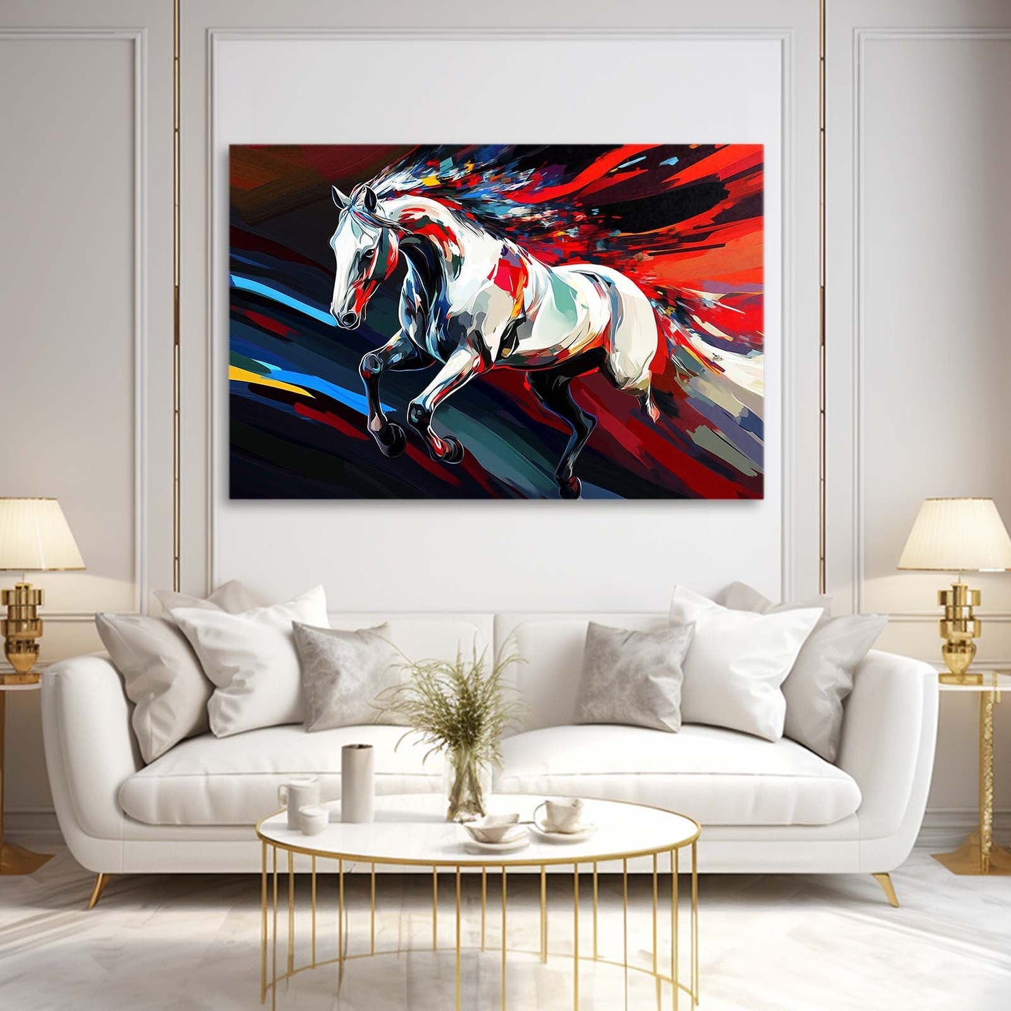 Horizontal Horse Art – angled canvas view on white background