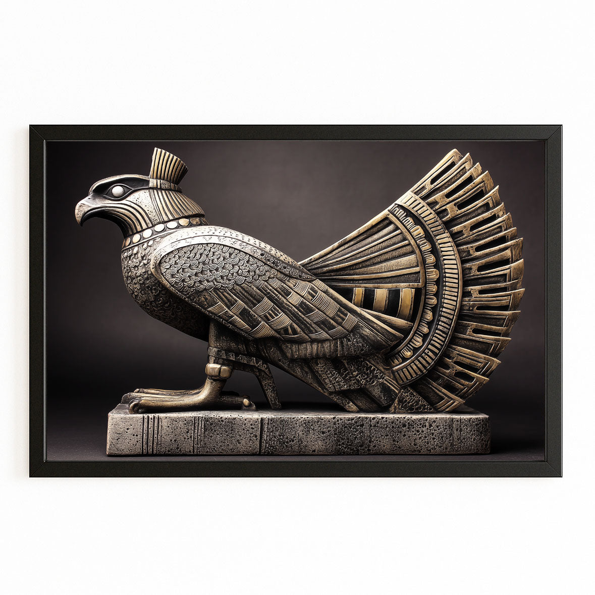 Horus Falcon Statue Egyptian Canvas Art – with Premium Black frame on white background