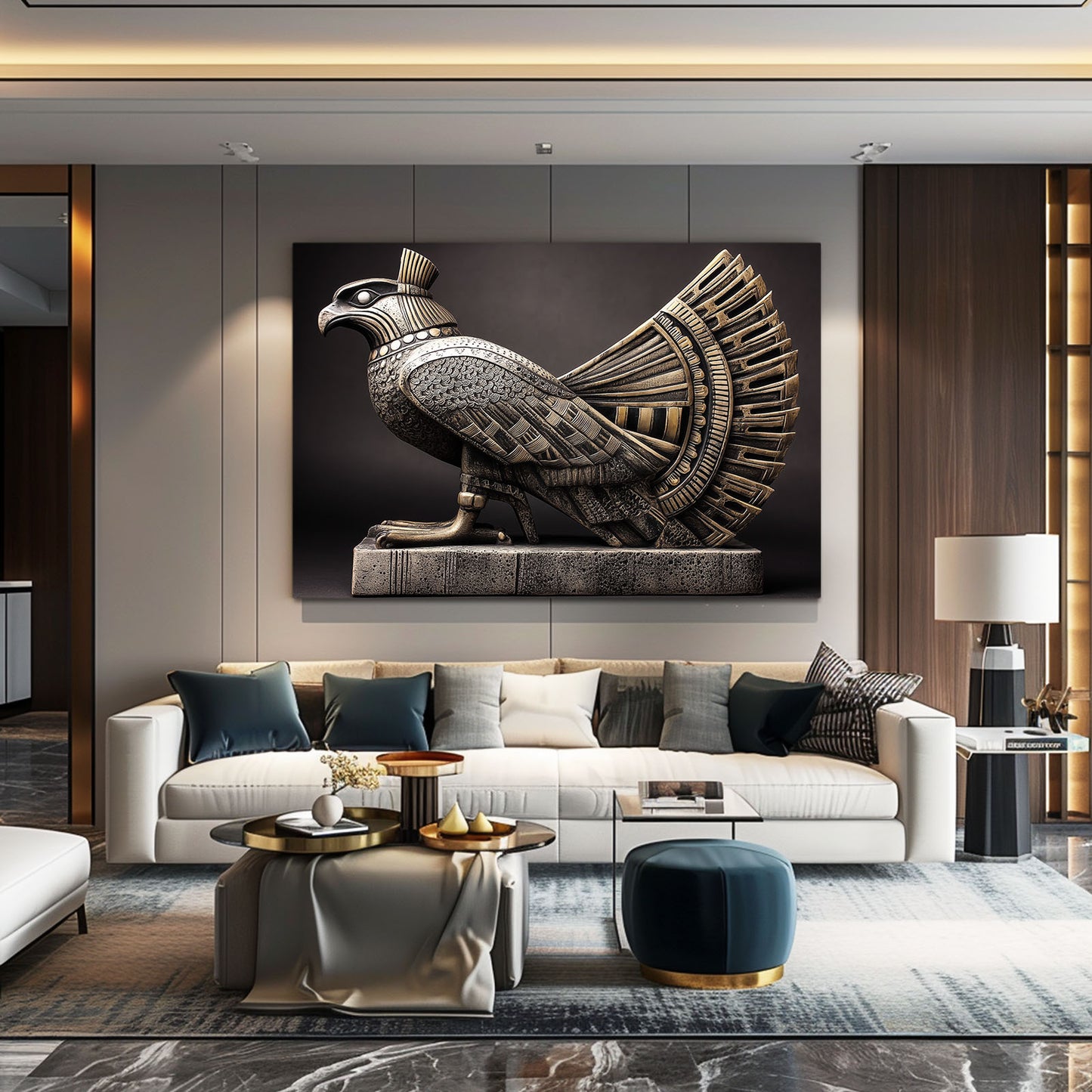 Horus Falcon Statue Egyptian Canvas Art – styled in a furnished interior