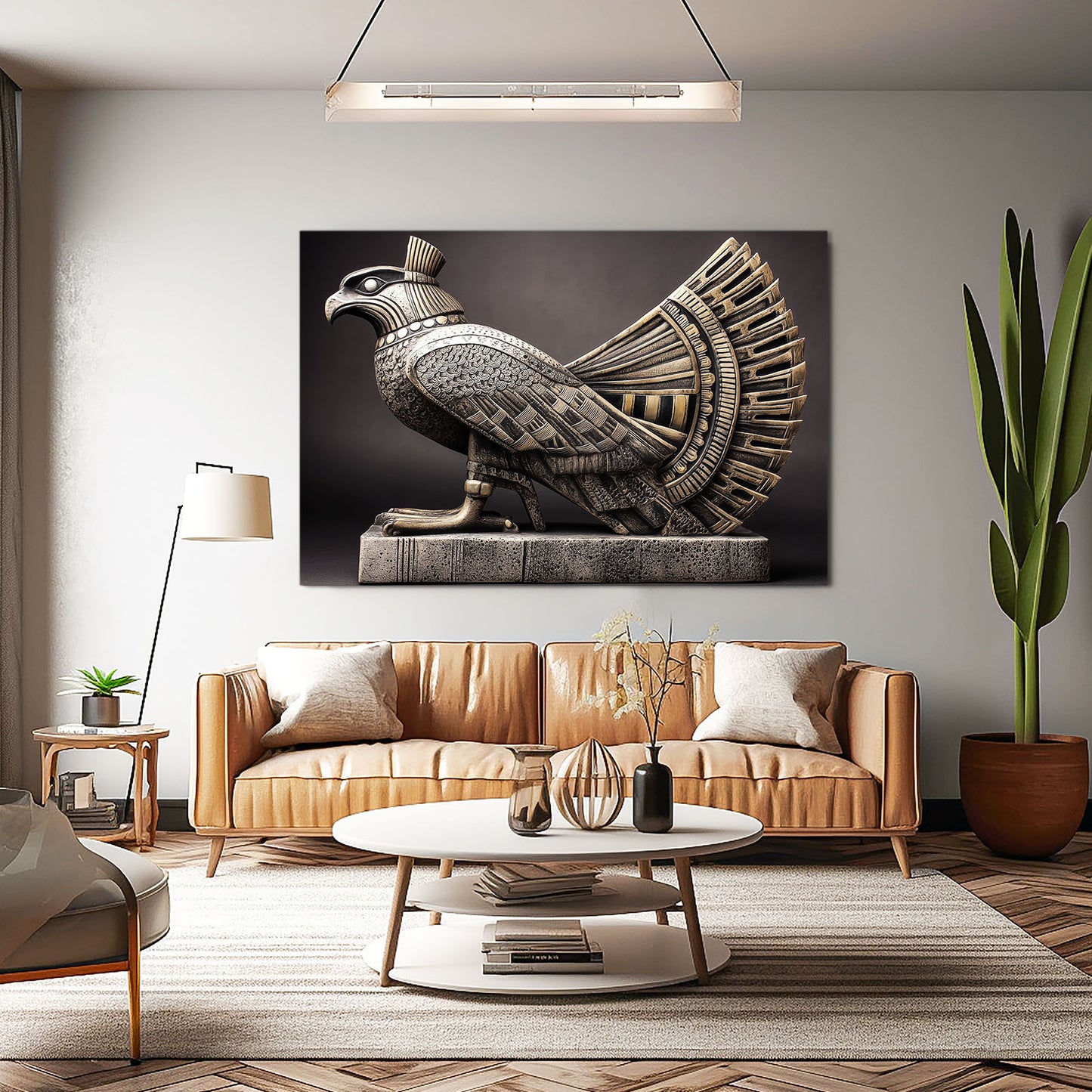 Horus Falcon Statue Egyptian Canvas Art – styled in a furnished interior