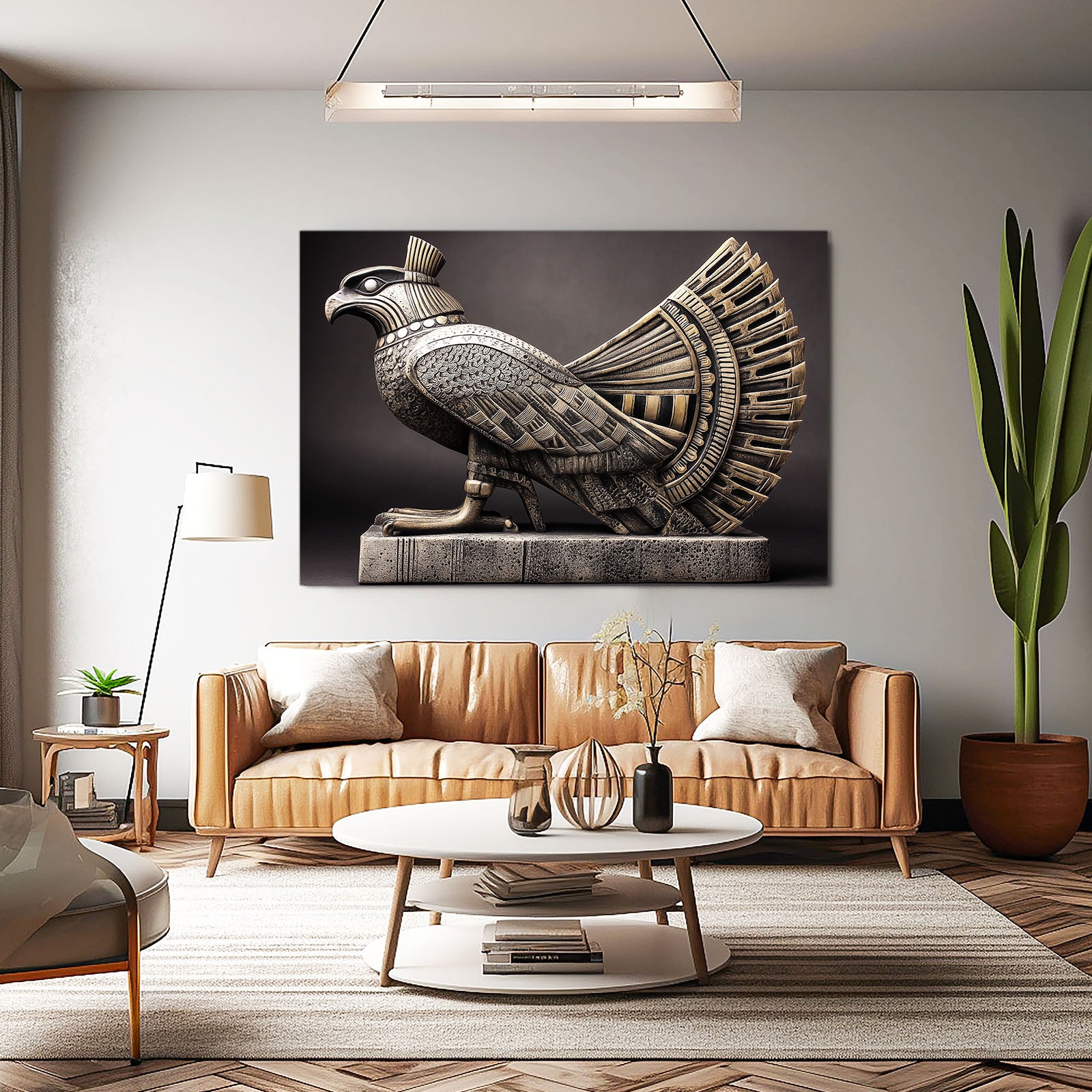 Horus Falcon Statue Egyptian Canvas Art – styled in a furnished interior