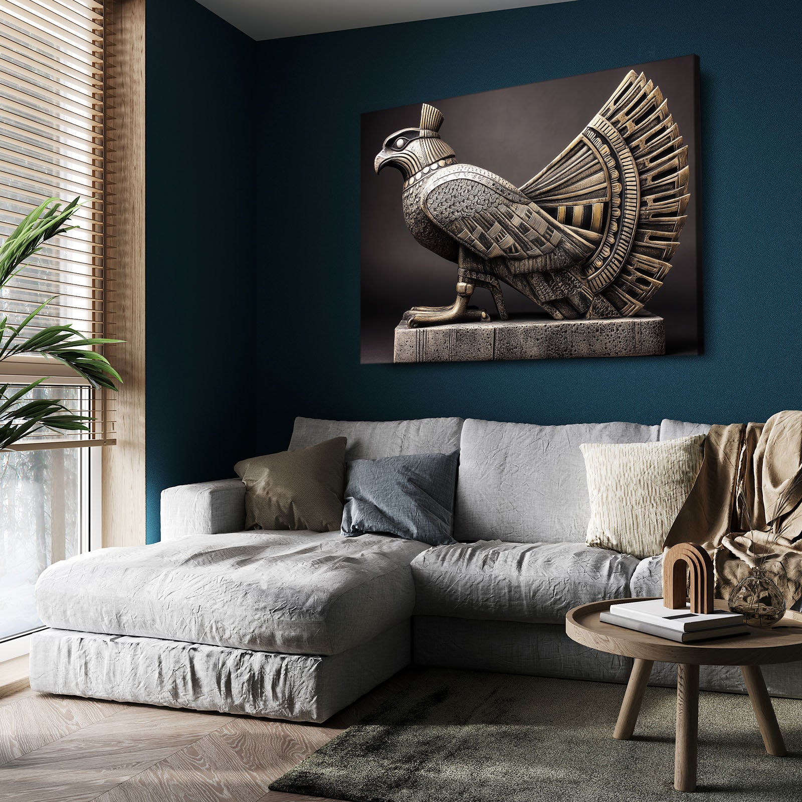 Horus Falcon Statue Egyptian Canvas Art – styled in a furnished interior