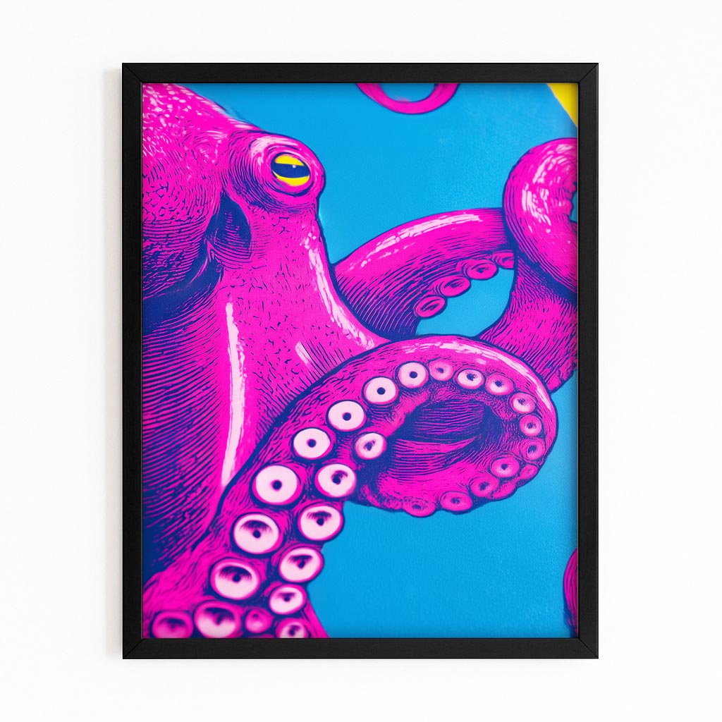 Hot Pink Pop Octopus Canvas Art – with Premium Black frame on white background