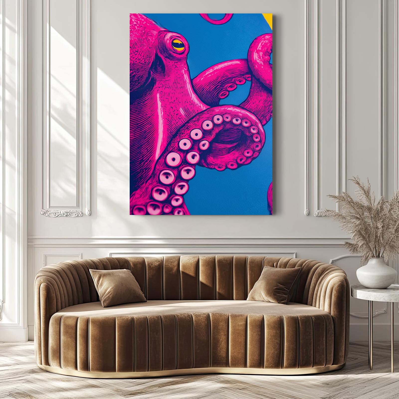 Hot Pink Pop Octopus Canvas Art – styled in a furnished interior