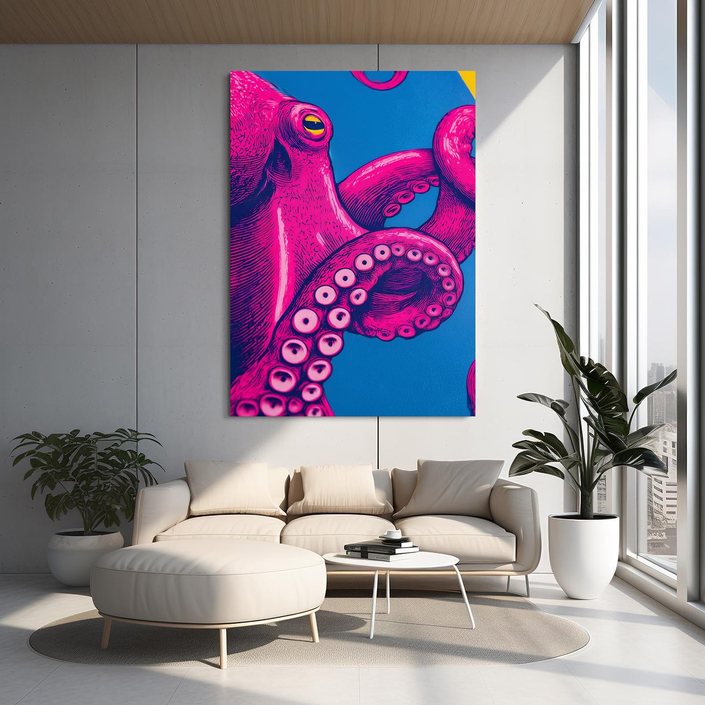 Hot Pink Pop Octopus Canvas Art – styled in a furnished interior