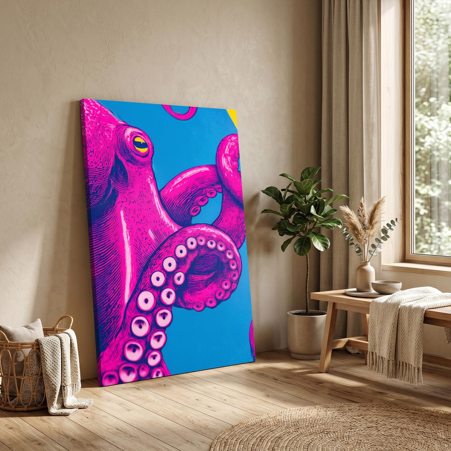 Hot Pink Pop Octopus Canvas Art – styled in a furnished interior