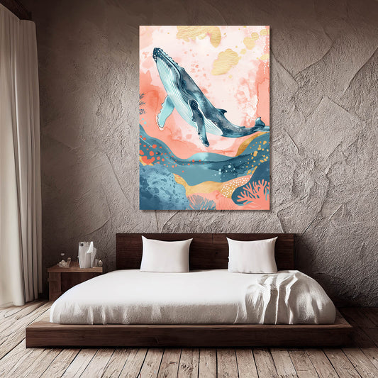 Humpback Whale Art — watercolor canvas print in blue tones, view 3