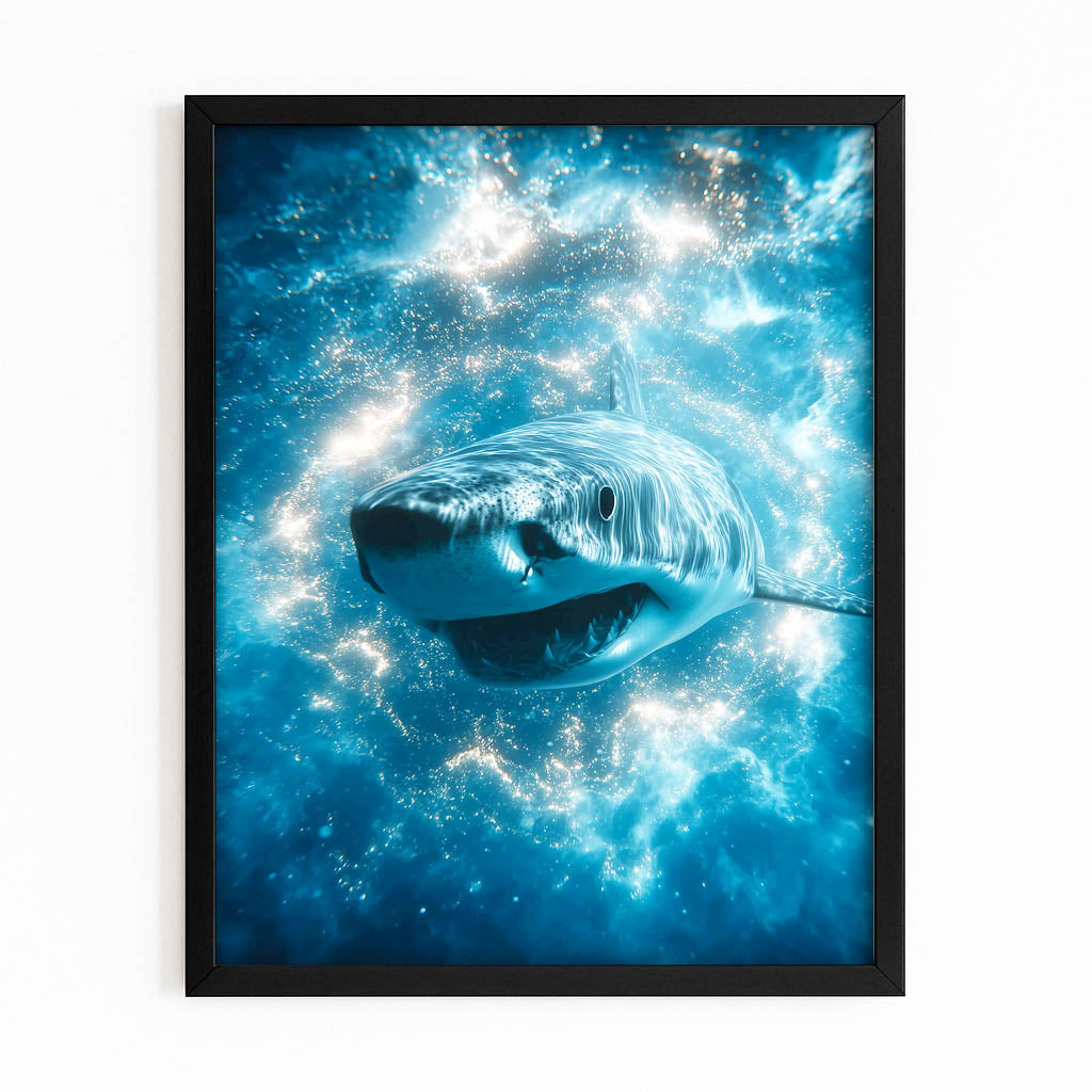 Ice Crystal Galaxy Shark Canvas – with Premium Black frame on white background