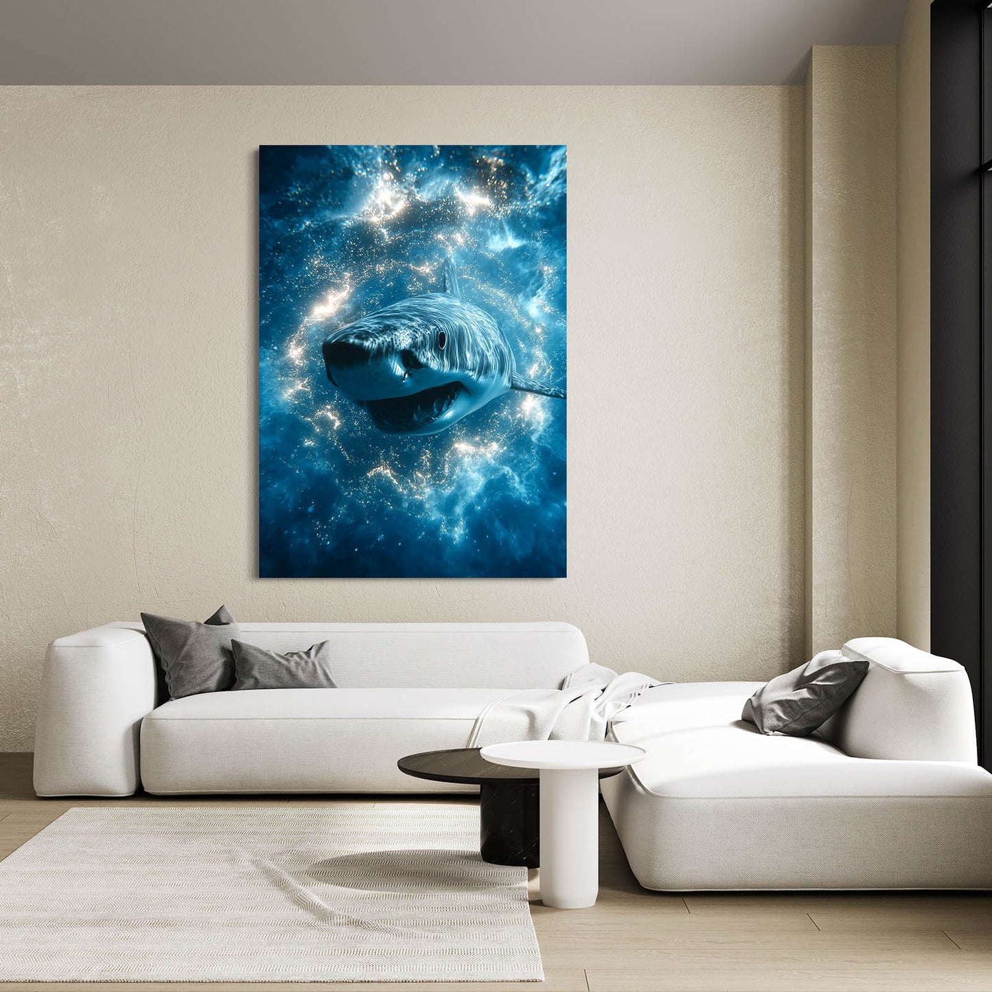 Ice Crystal Galaxy Shark Canvas – styled in a furnished interior