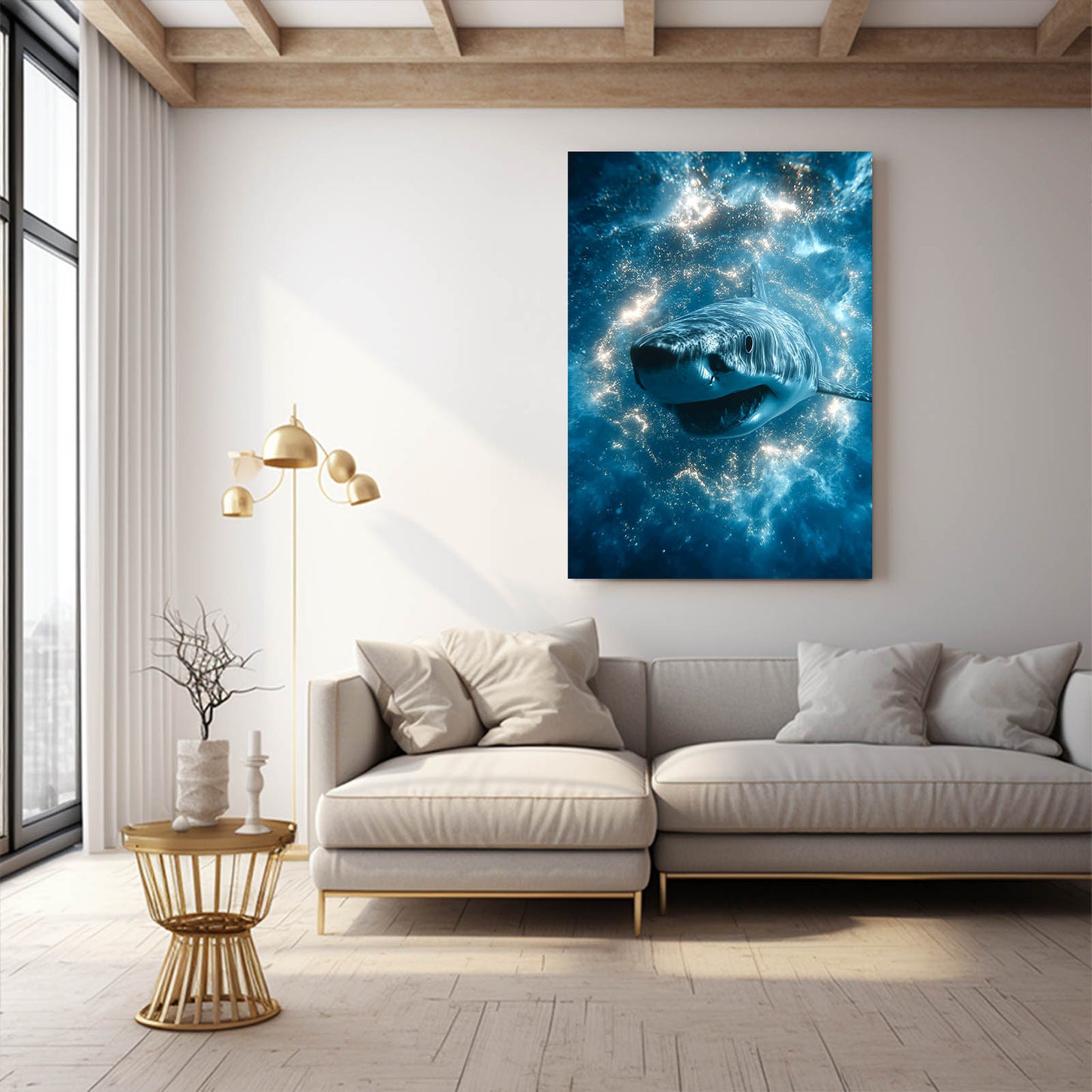 Ice Crystal Galaxy Shark Canvas – styled in a furnished interior