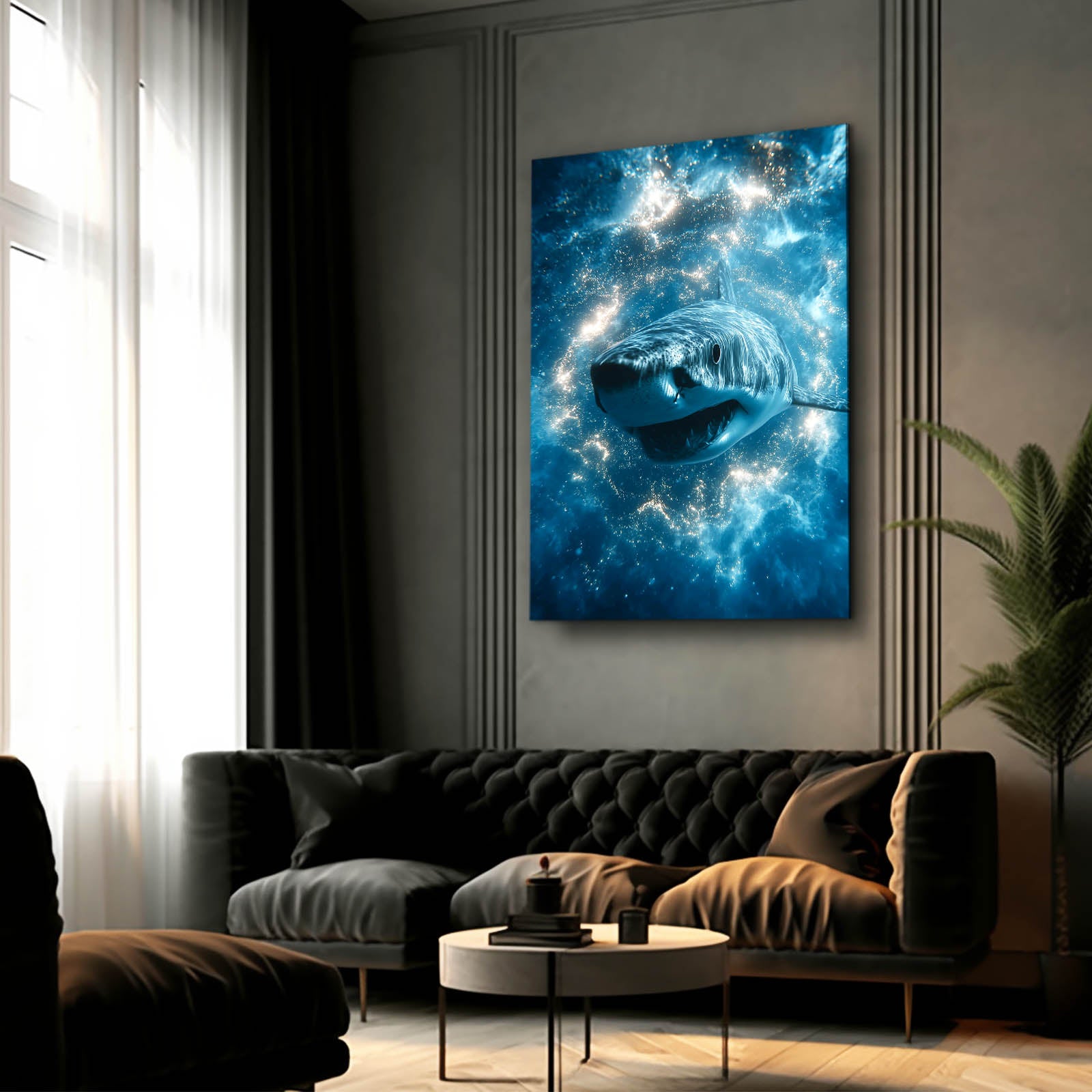 Ice Crystal Galaxy Shark Canvas – styled in a furnished interior
