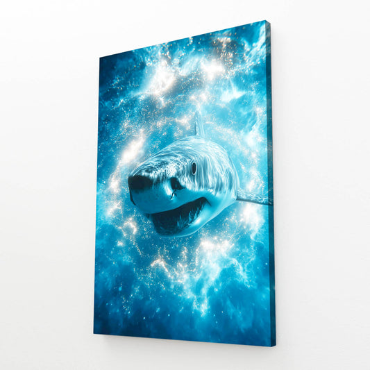 Ice Crystal Galaxy Shark Canvas – angled canvas view on white background
