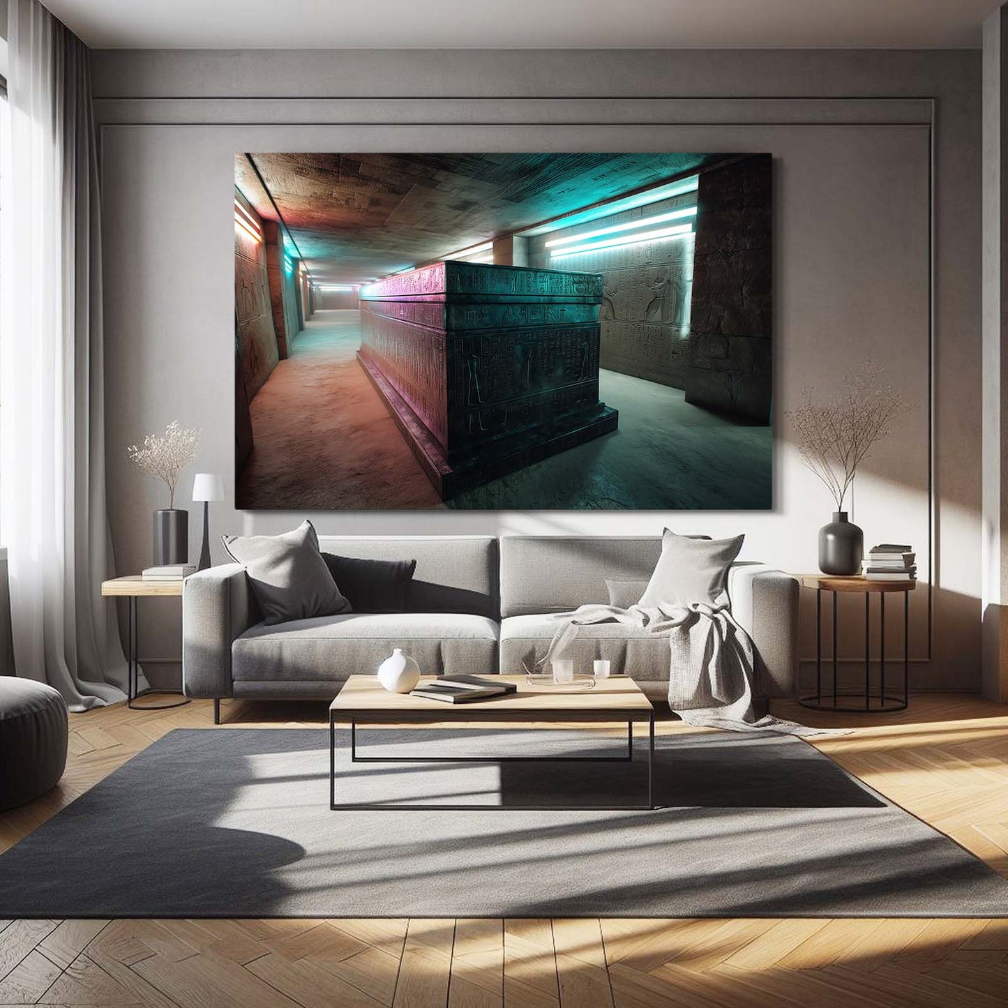 Illuminated Stone Tunnel Egyptian Prints – styled in a furnished interior