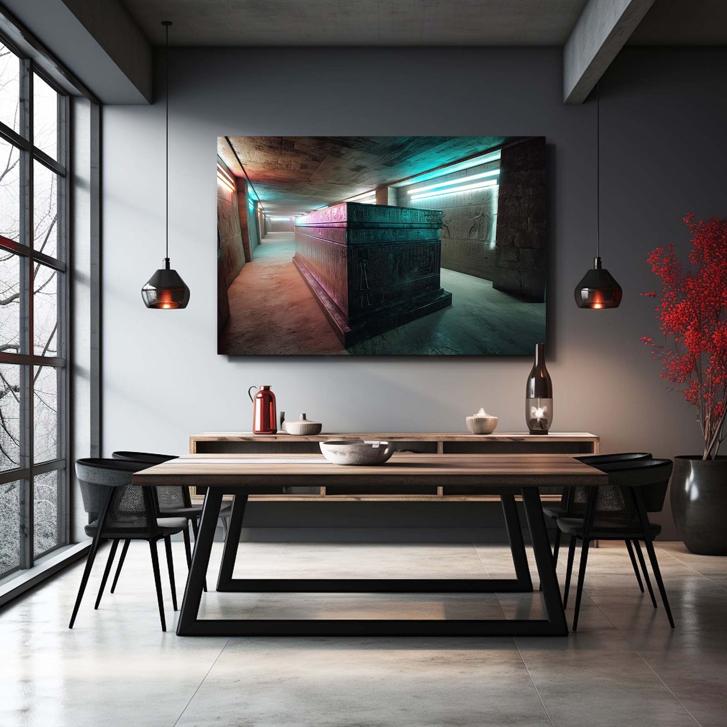 Illuminated Stone Tunnel Egyptian Prints – styled in a furnished interior