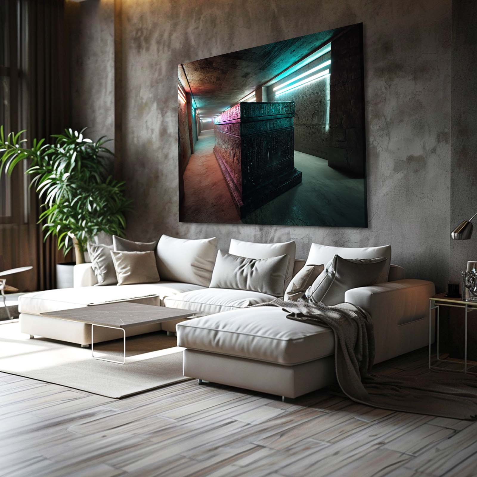 Illuminated Stone Tunnel Egyptian Prints – styled in a furnished interior