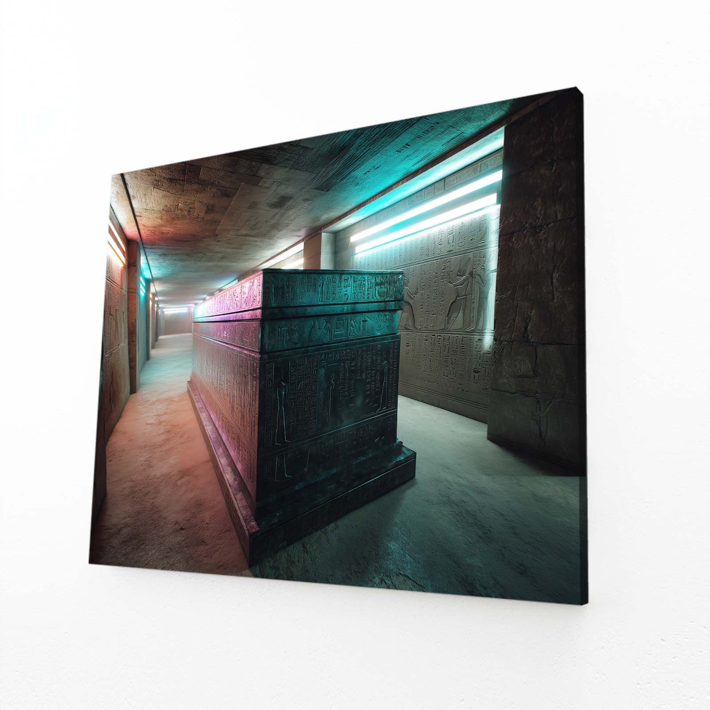 Illuminated Stone Tunnel Egyptian Prints – angled canvas view on white background