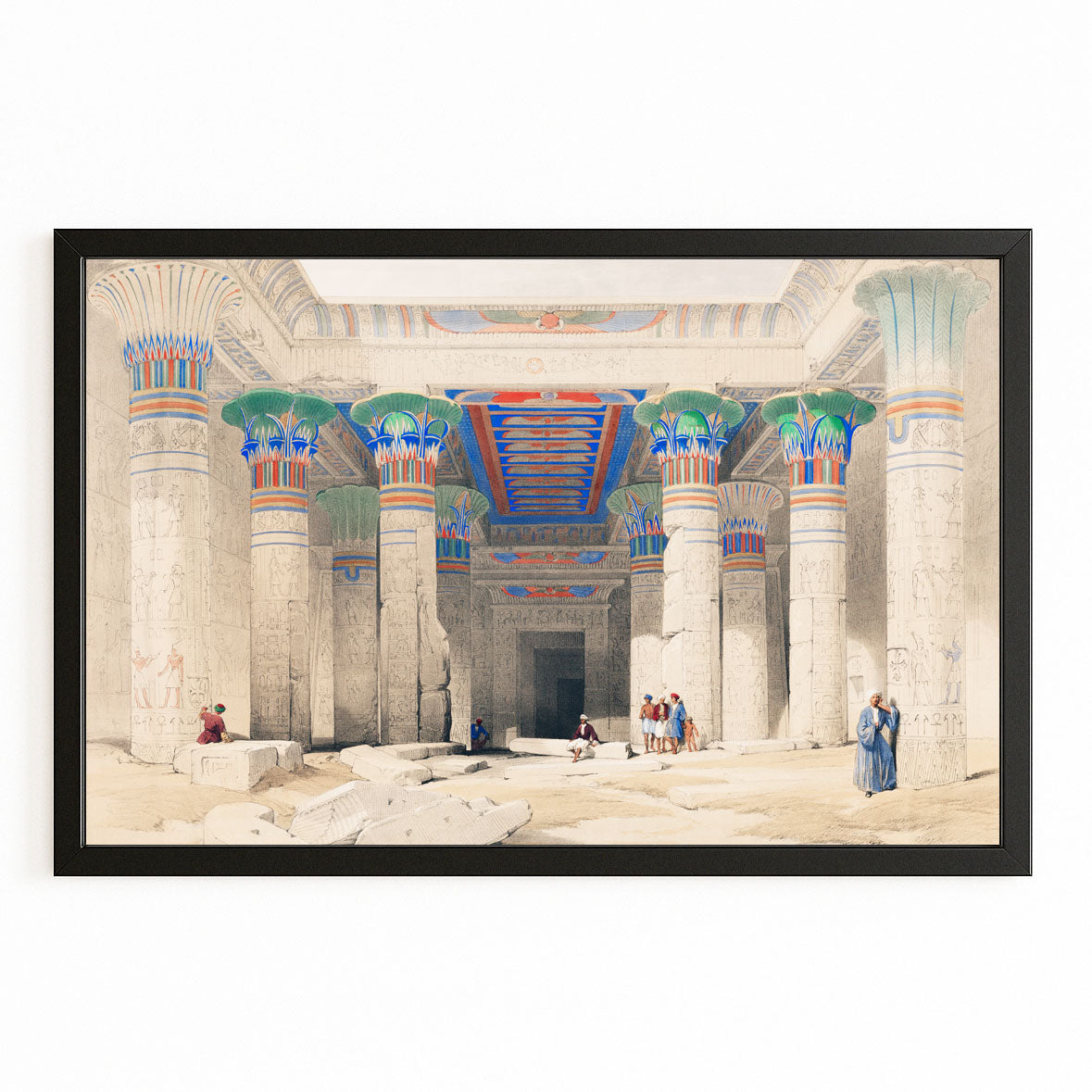 Illustrated Temple Columns Egyptian Prints – with Premium Black frame on white background