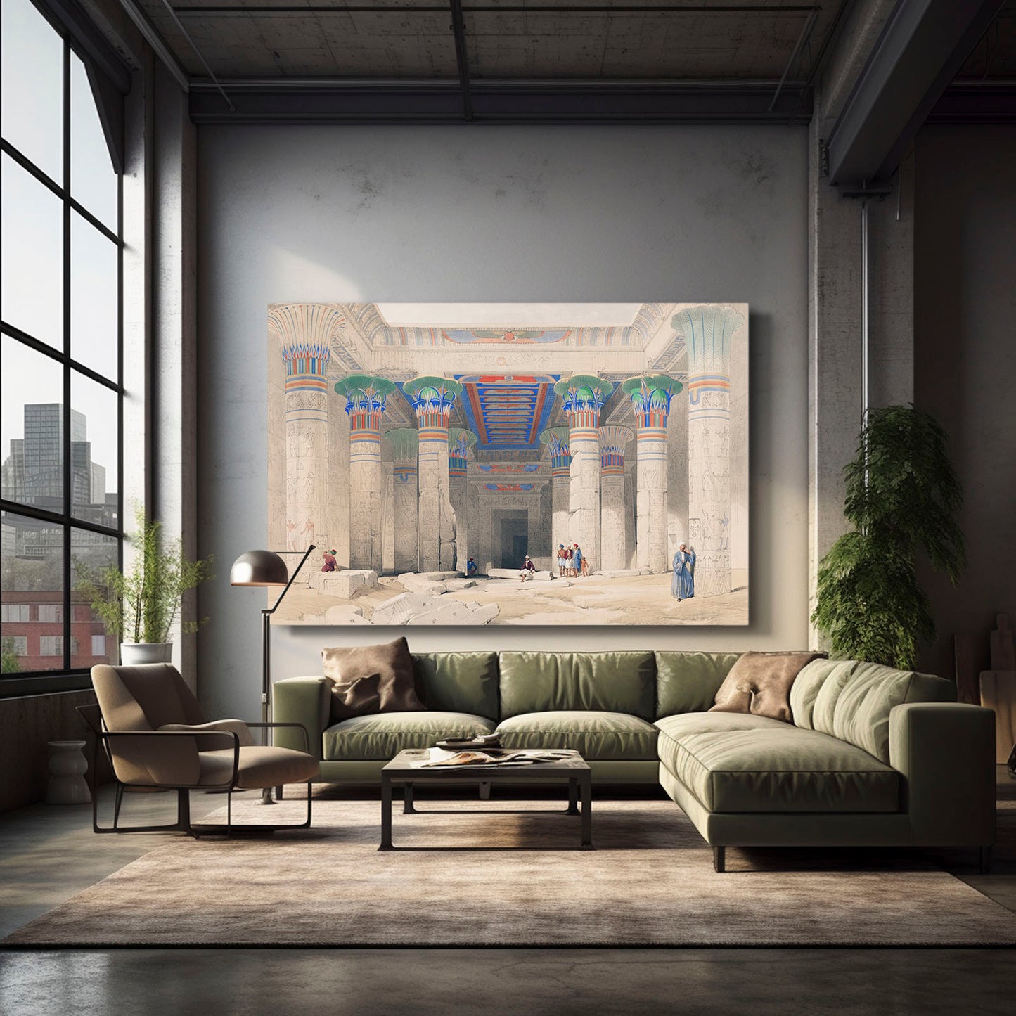 Illustrated Temple Columns Egyptian Prints – styled in a furnished interior