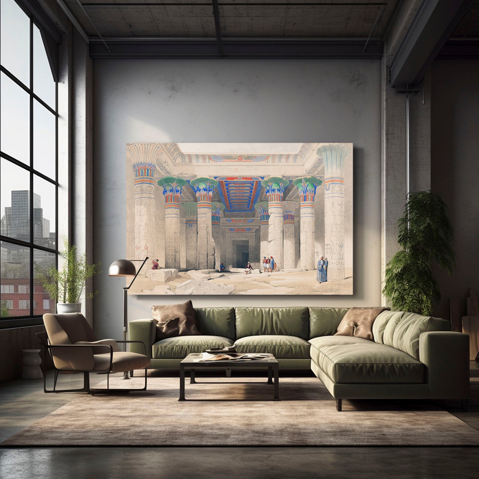 Illustrated Temple Columns Egyptian Prints – styled in a furnished interior