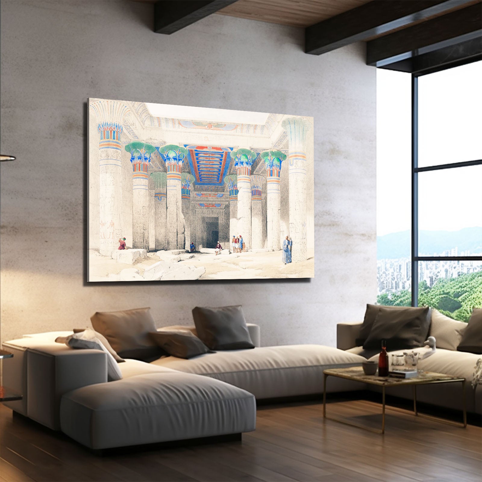 Illustrated Temple Columns Egyptian Prints – styled in a furnished interior