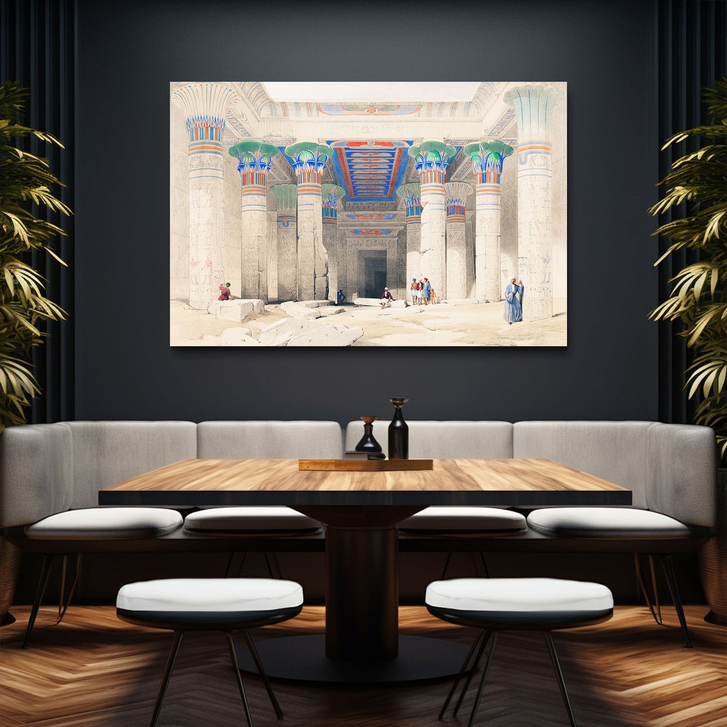 Illustrated Temple Columns Egyptian Prints – styled in a furnished interior
