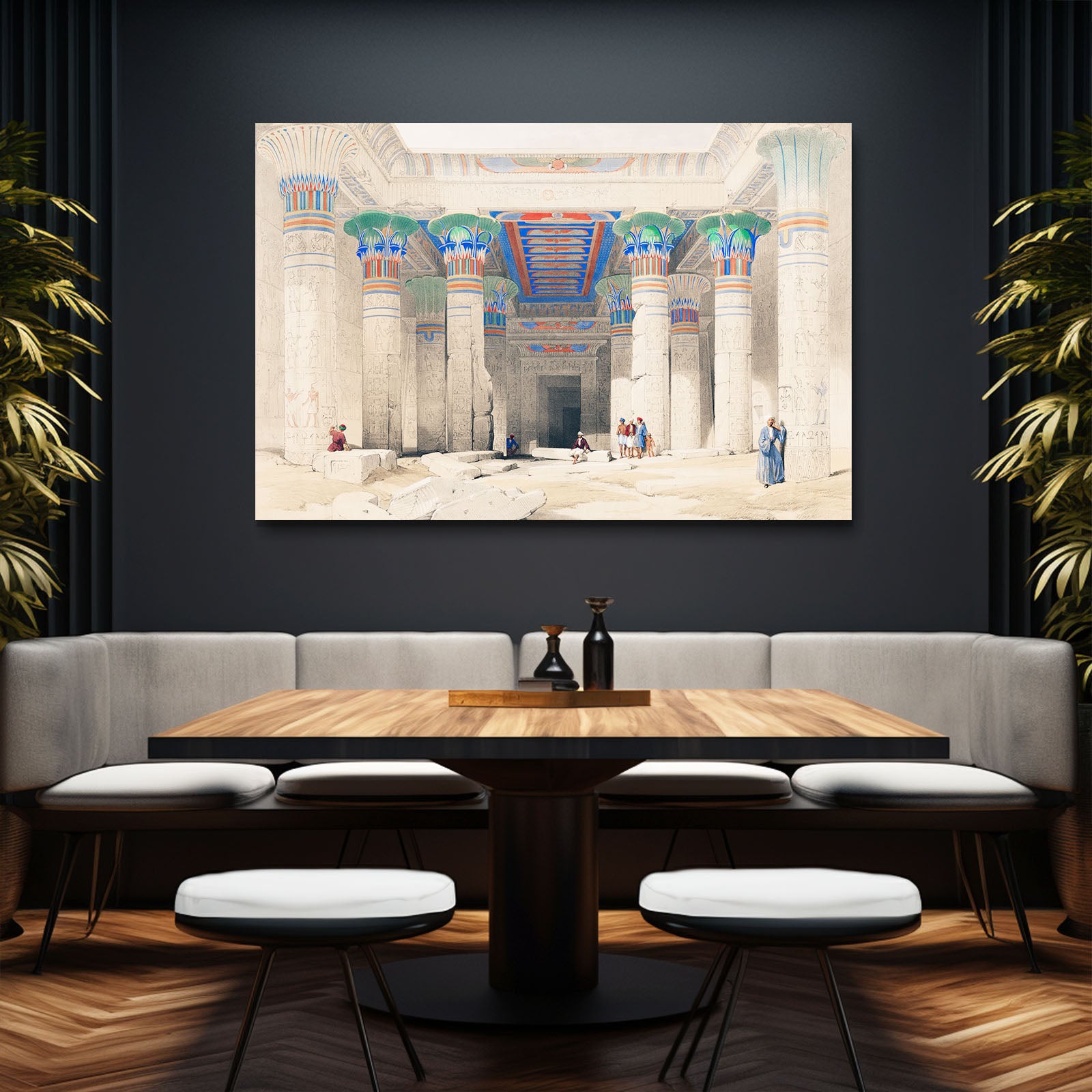 Illustrated Temple Columns Egyptian Prints – styled in a furnished interior