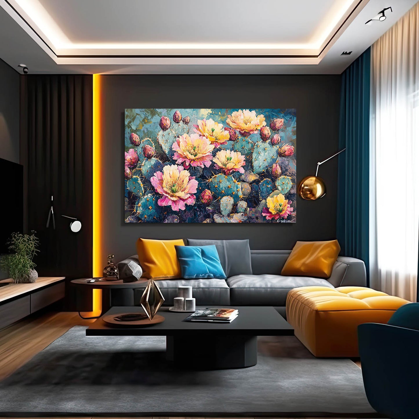Impasto Blossom Field Cactus Wall Art – styled in a furnished interior