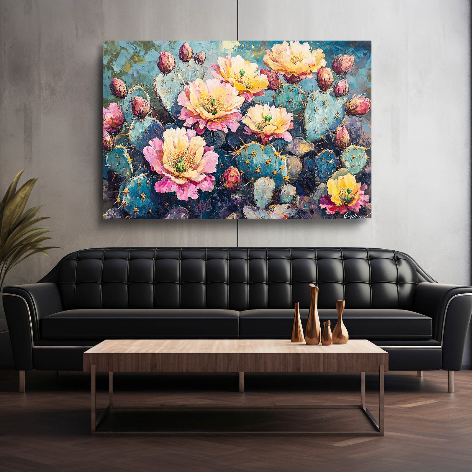 Impasto Blossom Field Cactus Wall Art – styled in a furnished interior