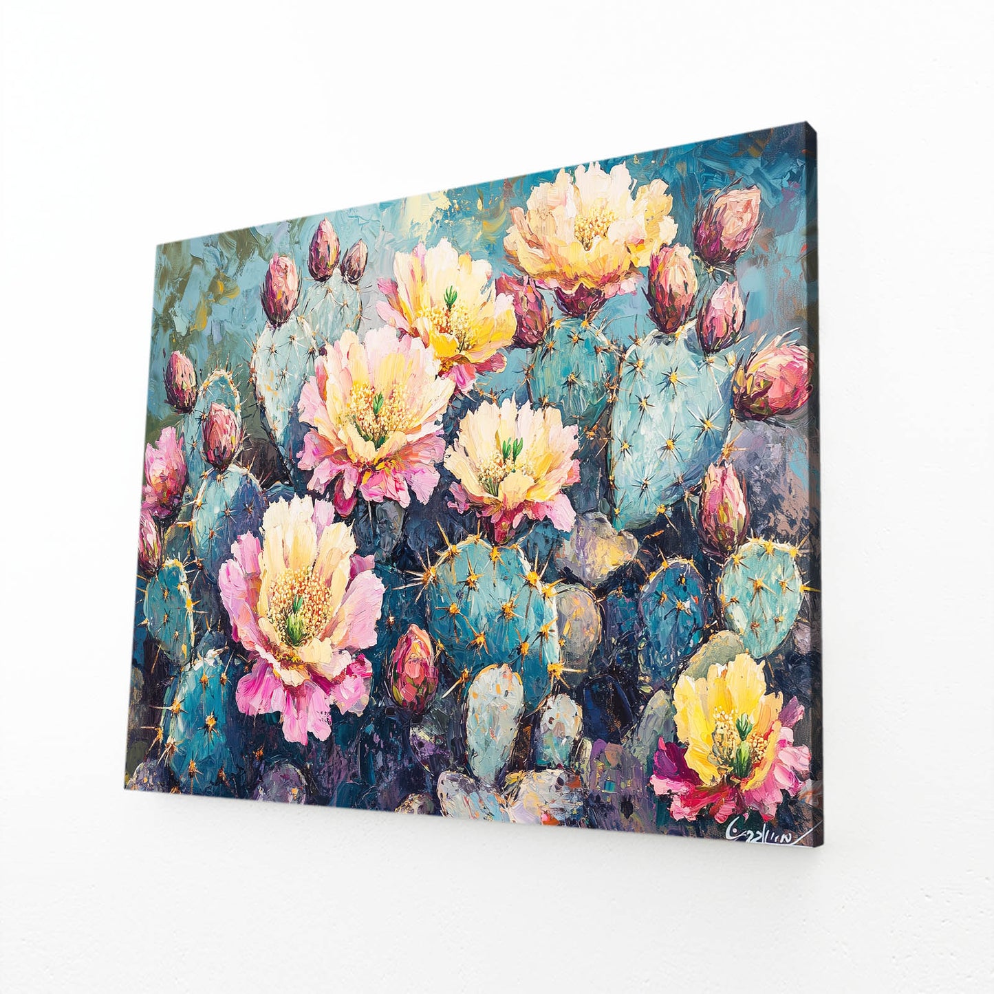 Impasto Blossom Field Cactus Wall Art – angled canvas view on white background